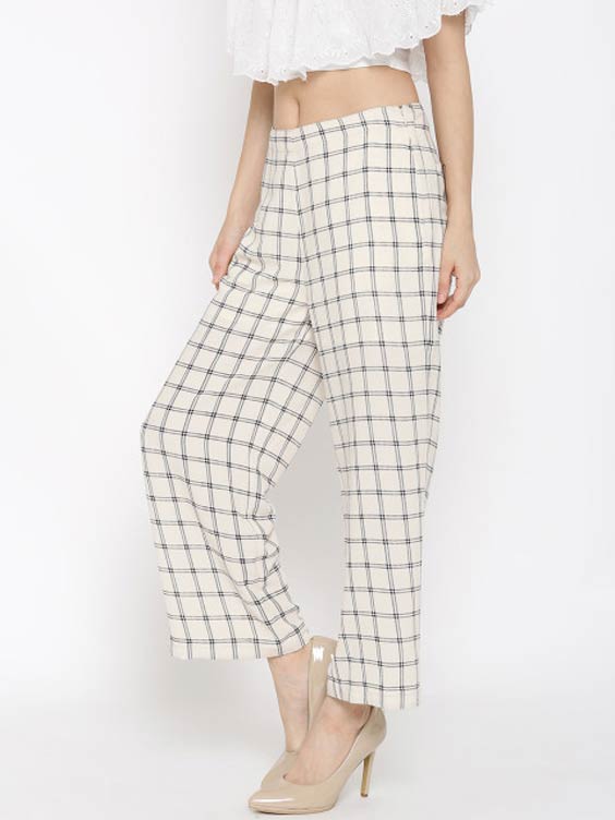 Checked white trousers for women
