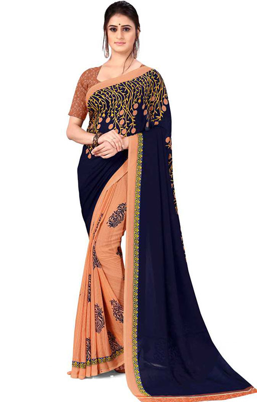 Beige And Blue Printed Saree 