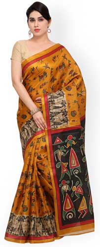 Mustard Art Silk Printed Khadi Saree