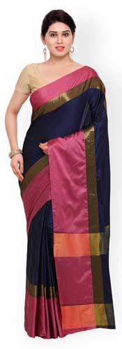 Navy Blue & Pink Art Silk Solid Saree