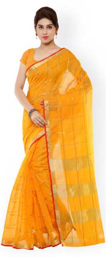 Yellow Checked Cotton & Silk Traditional Saree