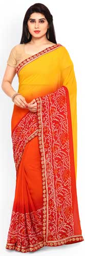 Yellow Poly Georgette Bandhni Print Saree