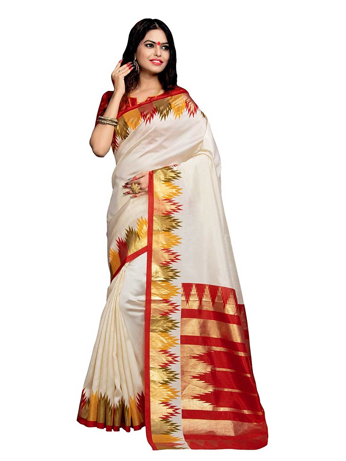 White Red & Gold Cotton Silk Saree