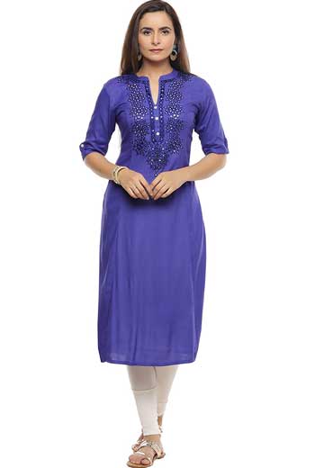 Blue A-line Kurta with mirror work