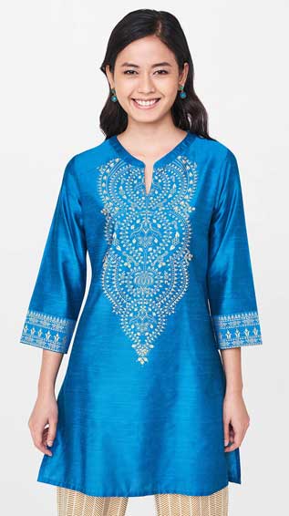 Women Foil-Printed Blue Straight Kurti