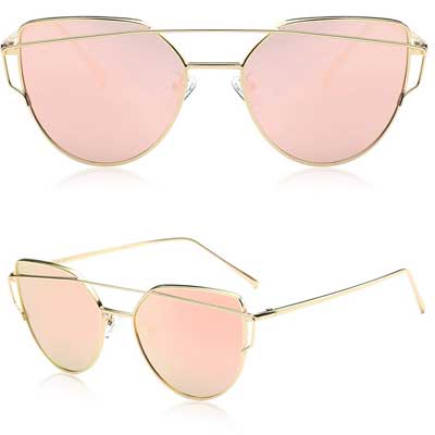 Cat Eye Mirrored Flat Lenses Street Fashion Metal Frame Women Sunglasses