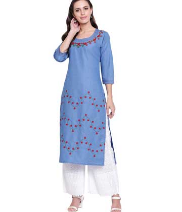 DENIM BLUE EMBROIDERED STRAIGHT KURTI