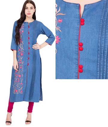 Denim Front Slit Embroidered Kurti