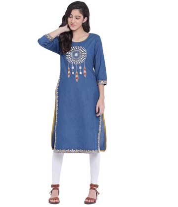 EMBROIDERED STRAIGHT FIT BLUE KURTA