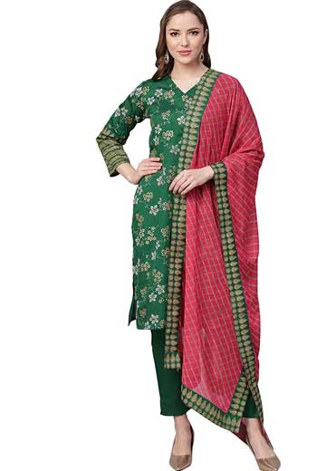 Green & Pink Printed Kurti with Pant & Dupatta