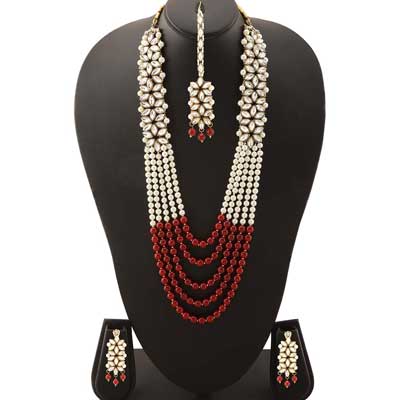 Kundan Pearl Necklace, Earrings and Maang Tikka 