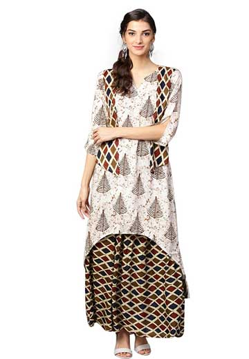 Off White and Beige Printed Kurta With Skirt Set