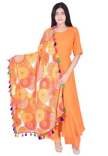 Orange Rayon Kurti with Palazzo & Dupatta Set