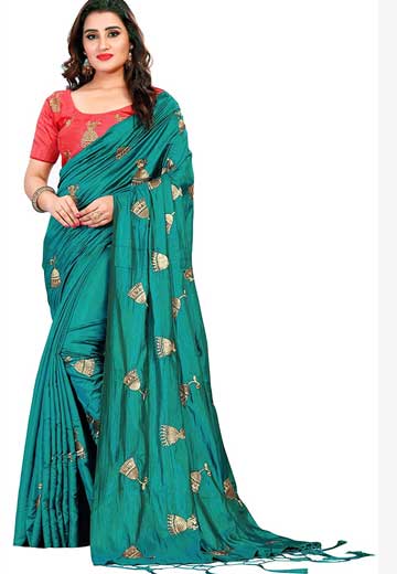 Paper Silk Embroidered Saree with Tassels & Blouse