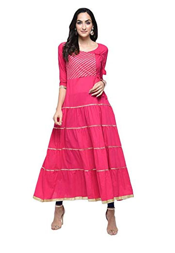 Party Wear Tiered Gota Work Pink Cotton kurti