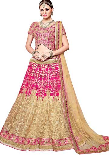 Pink and Beige Hand Work Wedding Wear Lehenga