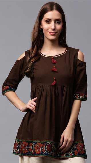 Women Brown Cold-Shoulder A-Line Kurti