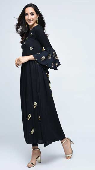 Flared Block Print Back Tassels Kurta