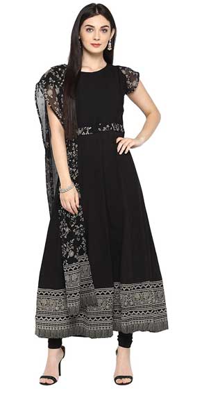 Black Crepe Kalidar Kurta with attached Printed Georgette Dupatta