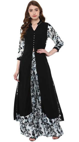 Black Colour 3/4Th Sleeve Rayon Flared Kurta Palazzo Set