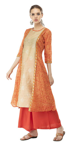 IndiWeaves Womens Chanderi Silk Orange Casual Kurti