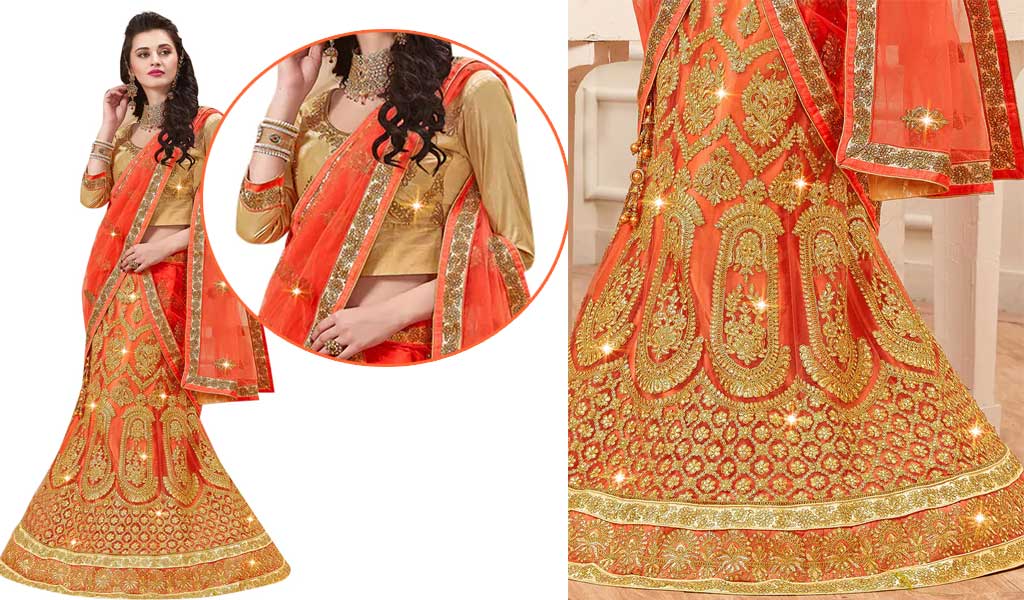 Peach Embroidered Fishtail Lehenga