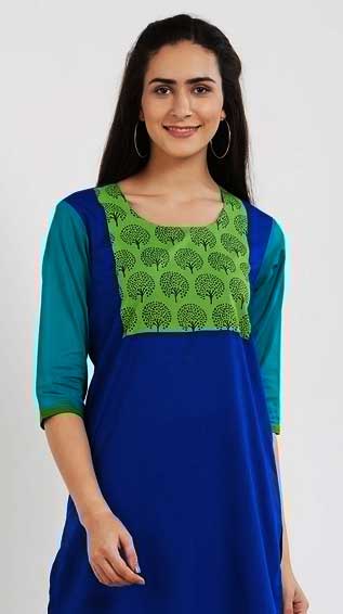 Blue & Green A-Line Kurti Printed Kurti