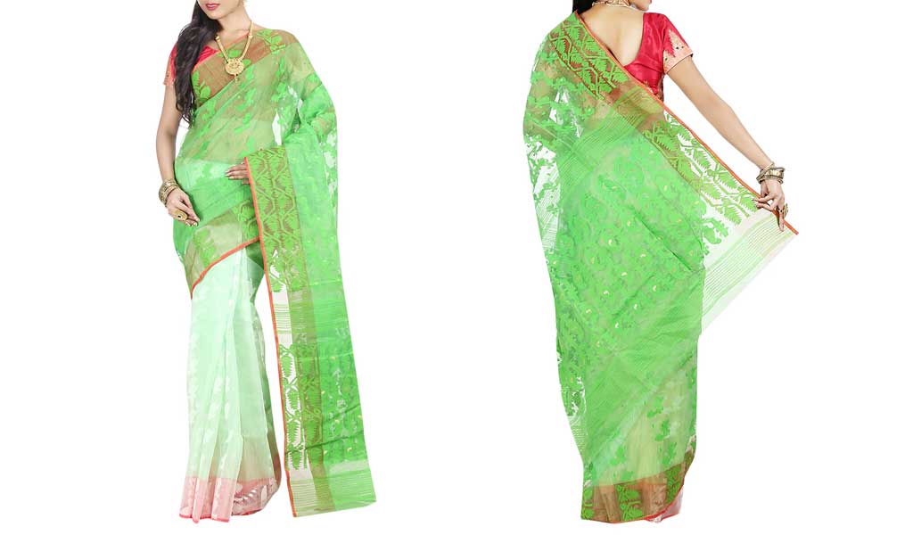 Green Cotton Silk Jamdani Saree