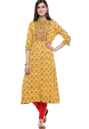 khadi Yellow Printed Long Kurta