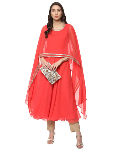 Mirror Work Cape Kurti, Clutch & Golden Heels