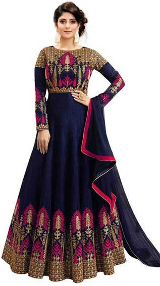 Semi-stitched Embroidered blue color satin gown