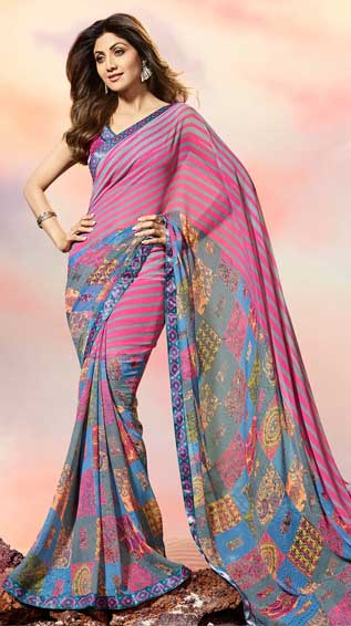 Lace Border Striped Printed Saree With Blouse