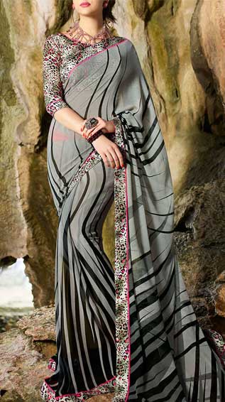 Grey Georgette Printed Saree With Blouse