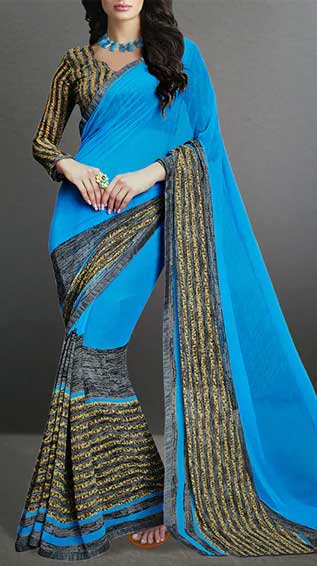 Blue Georgette Printed Saree With Blouse