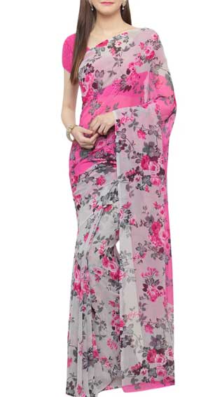 Pink Georgette Printed Saree With Blouse