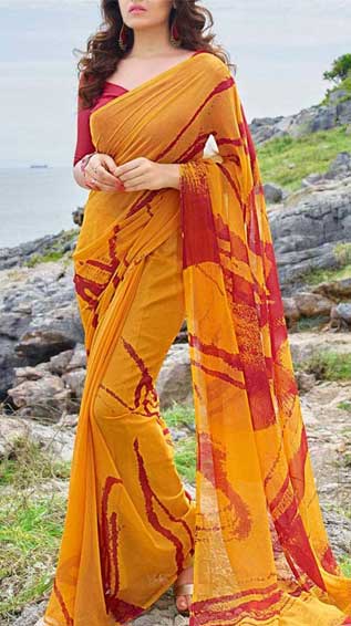 Yellow Printed Georgette Saree With Blouse