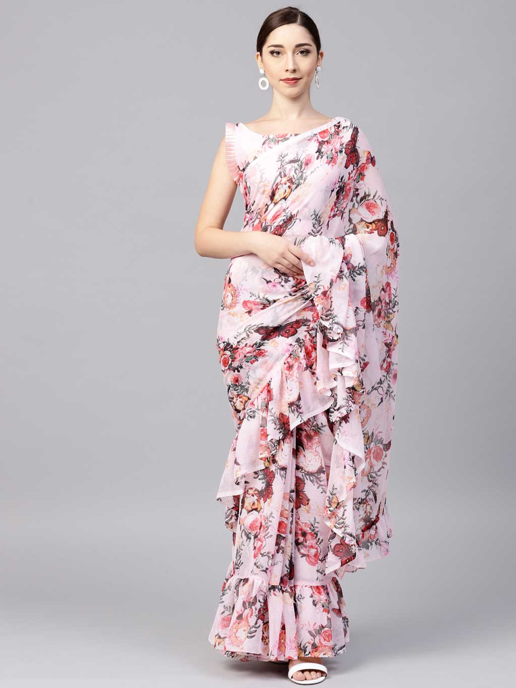 Pink Printed Ruffled Saree