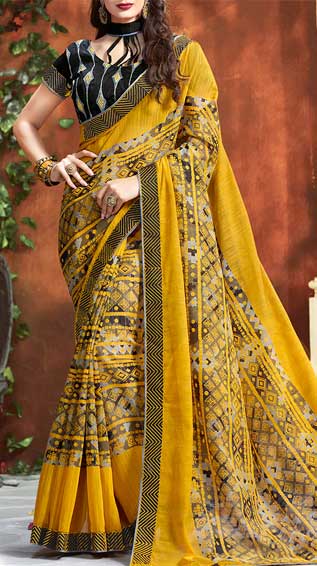 Yellow Cotton Printed Saree With Blouse