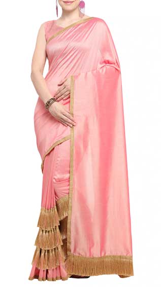 Contrast Fringe Border Pink Saree With Blouse