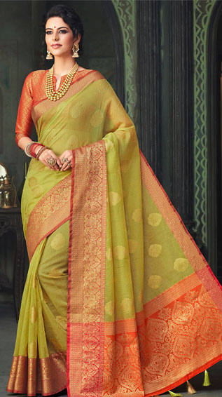 Contrast Zari Border Woven Saree With Blouse 