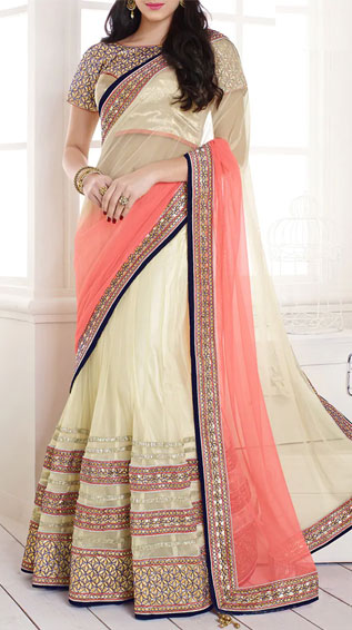 Orange & Cream Lehenga Saree With Blouse