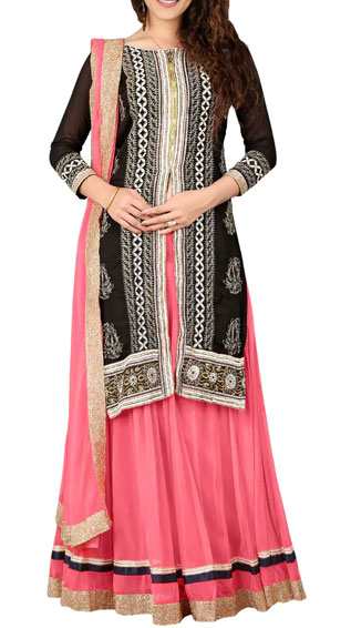 Pink Net Panelled Unstitched Suit Lehenga Choli