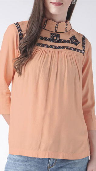 Orange Rayon Embroidered Top