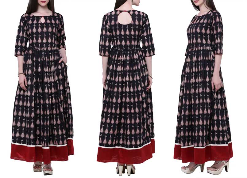 Black Cotton Flared Kurta