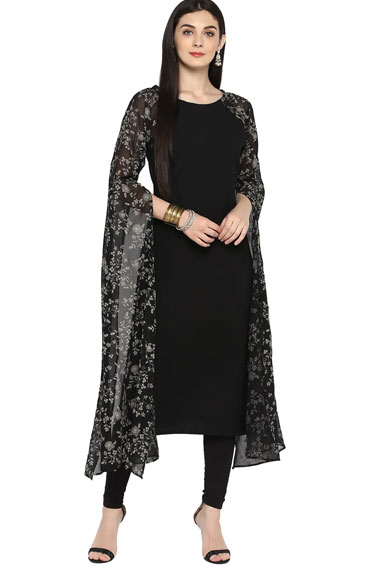 Black Slit Sleeves Straight Kurti