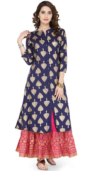 Blue Viscose Gold Print Kurti