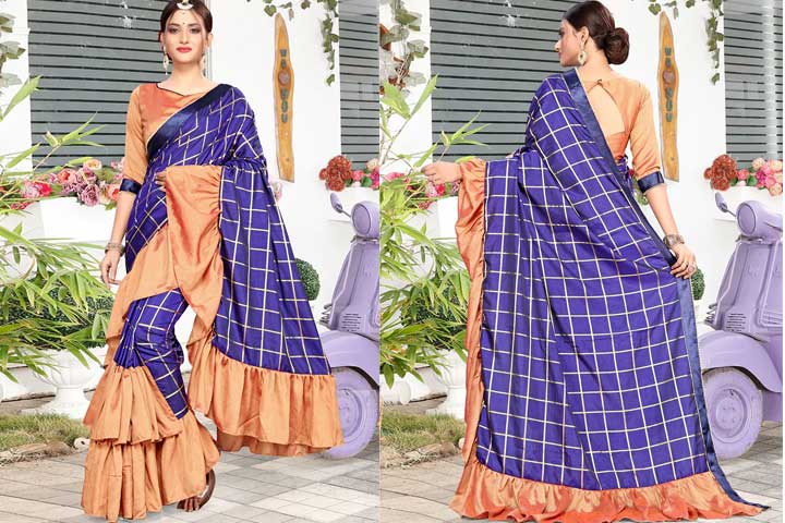 Checkered Ruffle Border Fusion Saree With Blouse