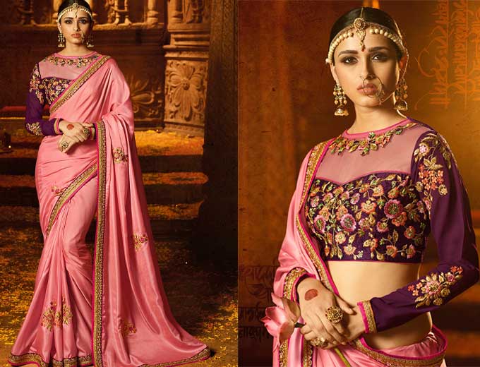 Floral Embroidered Pink Saree With Blouse