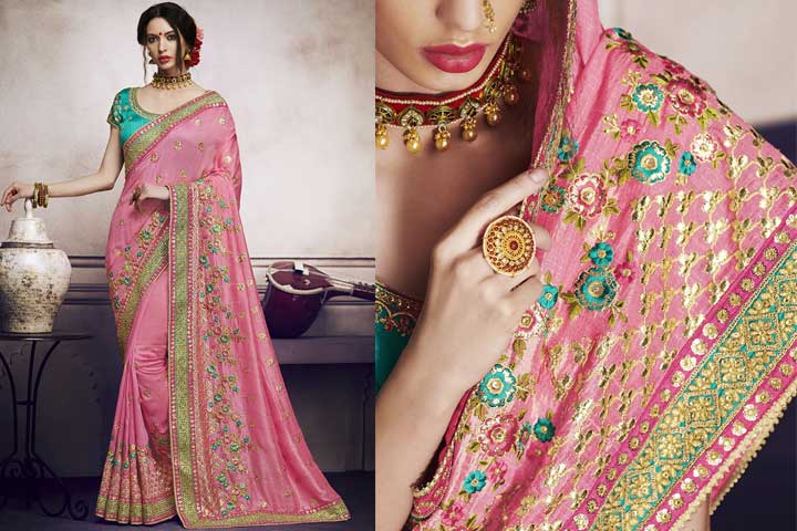 Floral Thread Embroidered Saree With Blouse