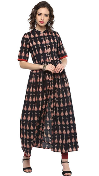 Front Slit Black Printed Cotton Kurti